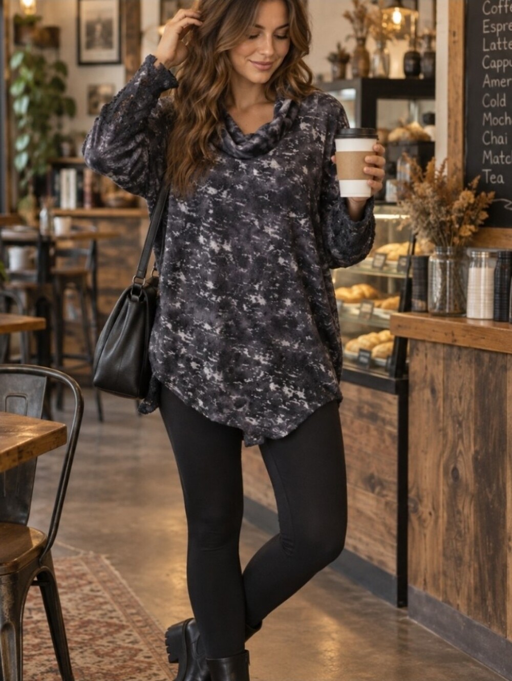 XCVI Black and Gray Cowl Neck Lace Details On Sleeves Size Medium Top